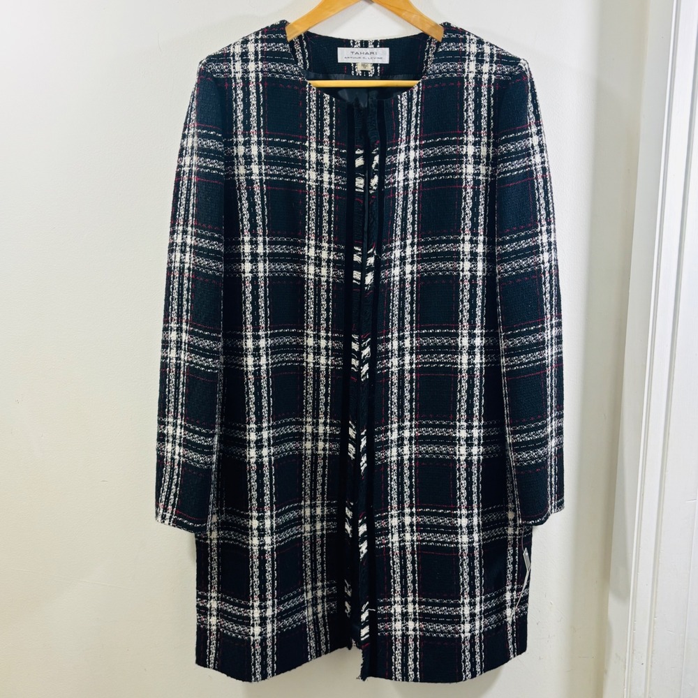 Tahari by Arthur S. Levine Women's Plaid Tweed Jacket Black White Red NWT Sz 12